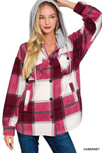 Zenana Plaid Drawstring Hooded Fleece Shacket