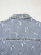 Bow Knot Print Light Wash Raw Hem Denim Jacket