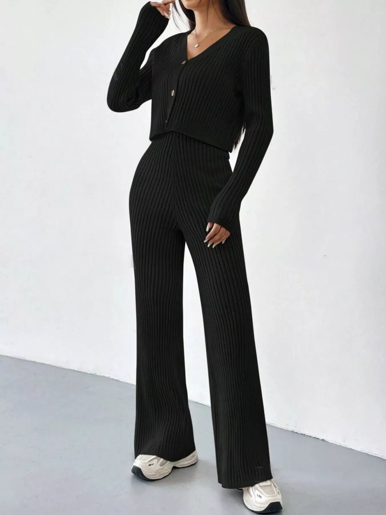 Ribbed Knit Button Up Top and Pants Set