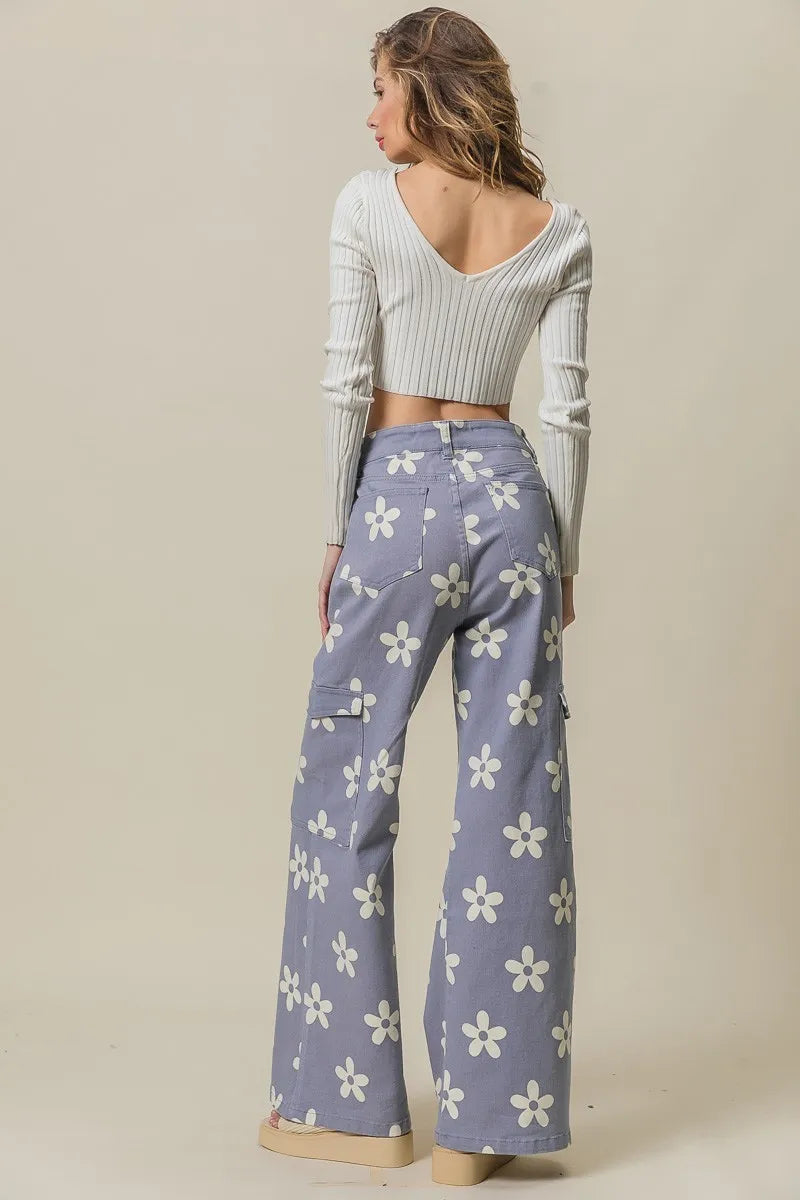 BiBi Flower Printed Side Pocket Wide Pants