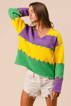 BiBi Stitch Detail Mardi Gras Stripes Sweater