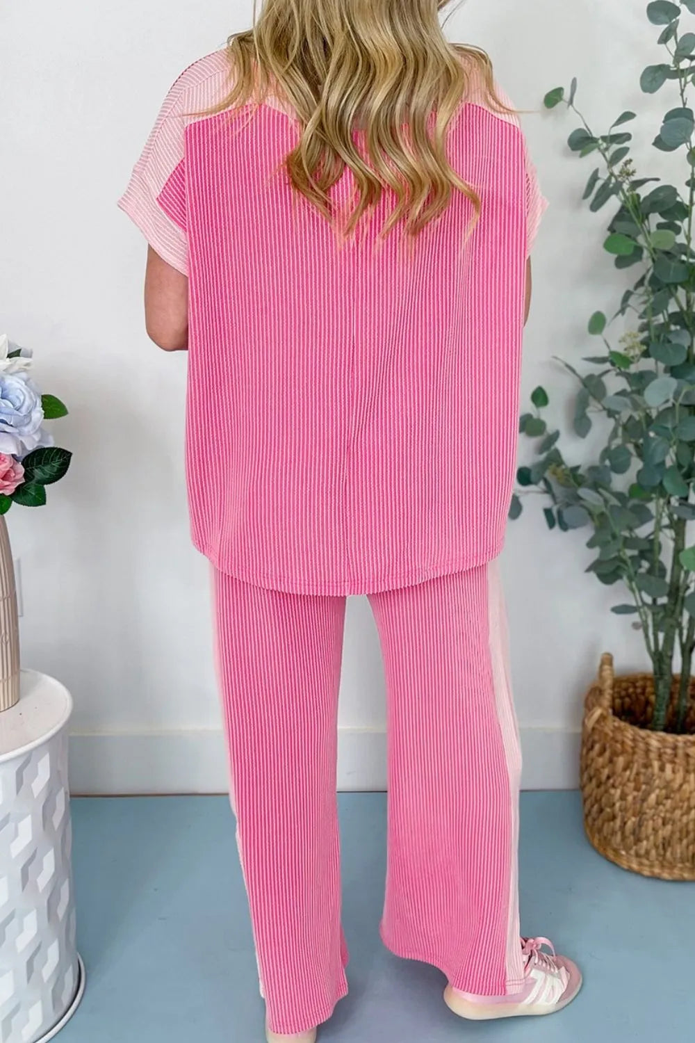 2-tone Colorblock Patchwork Corded 2pcs Outfit