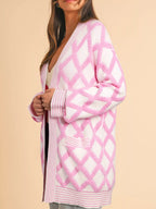 Rhombus Pattern Knit Open Front Pocketed Cardigans
