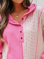 Mixed Texture Waffle Floral Patchwork Hooded Oversize Pullover