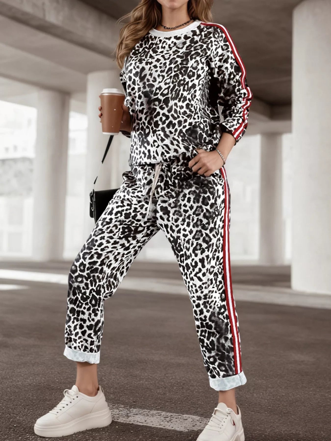 Stripe Leopard Print Top and Pants Set