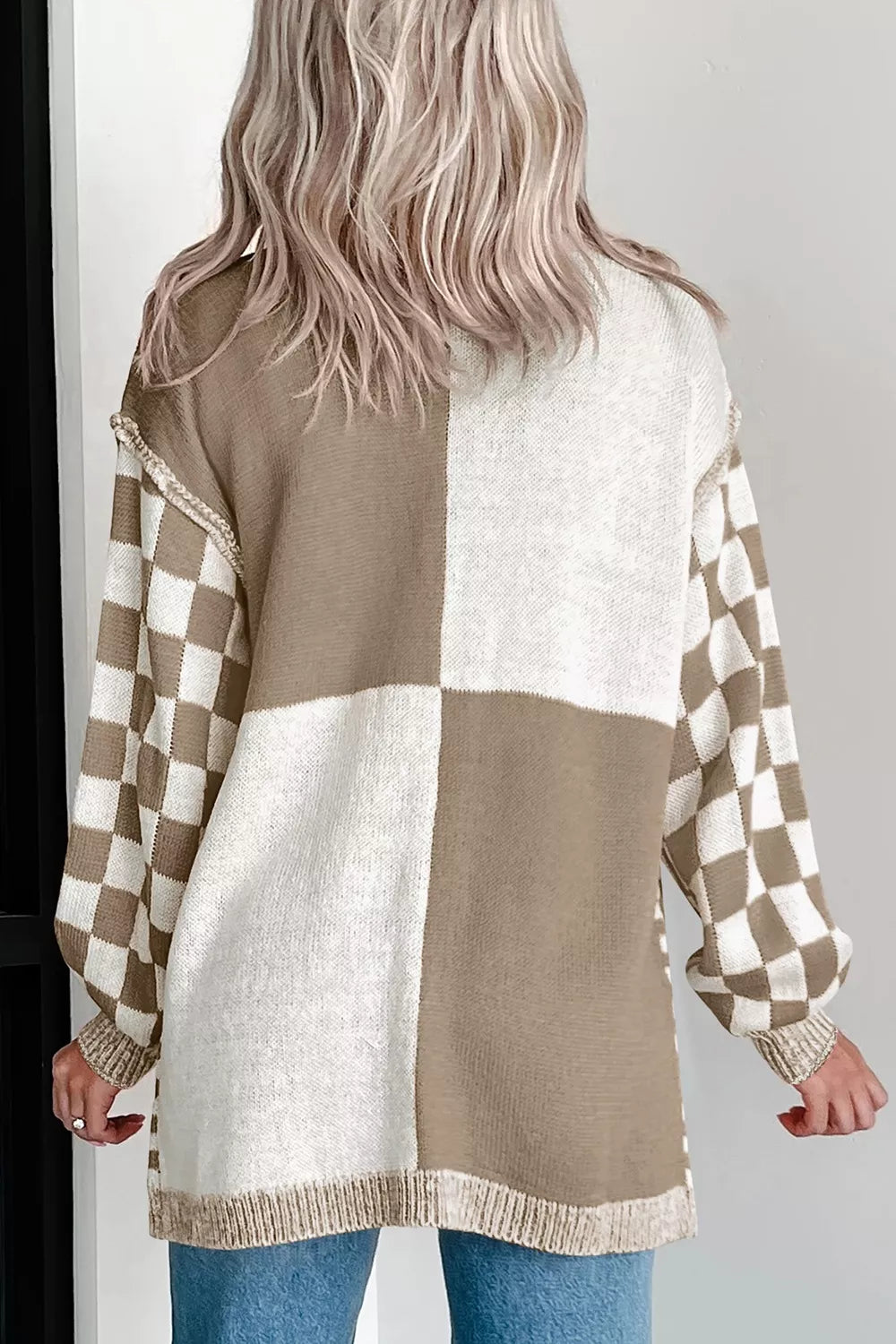 Checkerboard Print Open Front Knit Cardigan