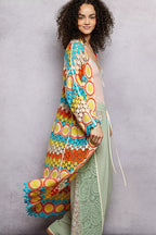 POL Scalloped Edge Open Front Crochet Cardigan with Colorful Stripe Pattern