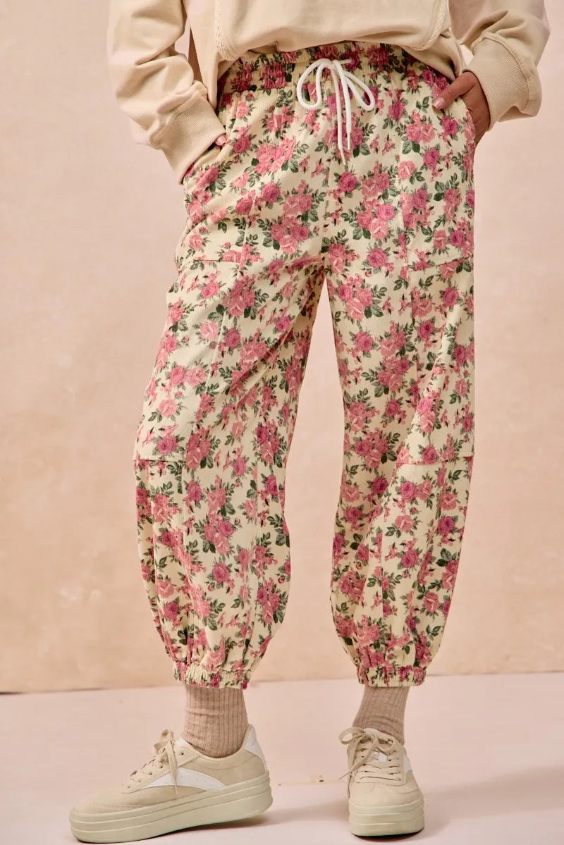 BiBi Floral Printed Twill Drawstring Pants With Elastic Band