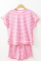 Striped Round Neck T-Shirt and Drawstring Shorts Set