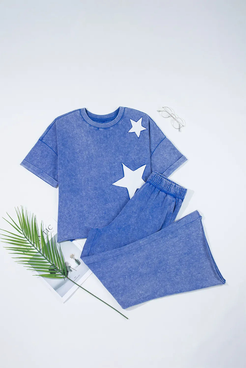 Acid Wash Star Patched Rolled Trim Top and Pants Set