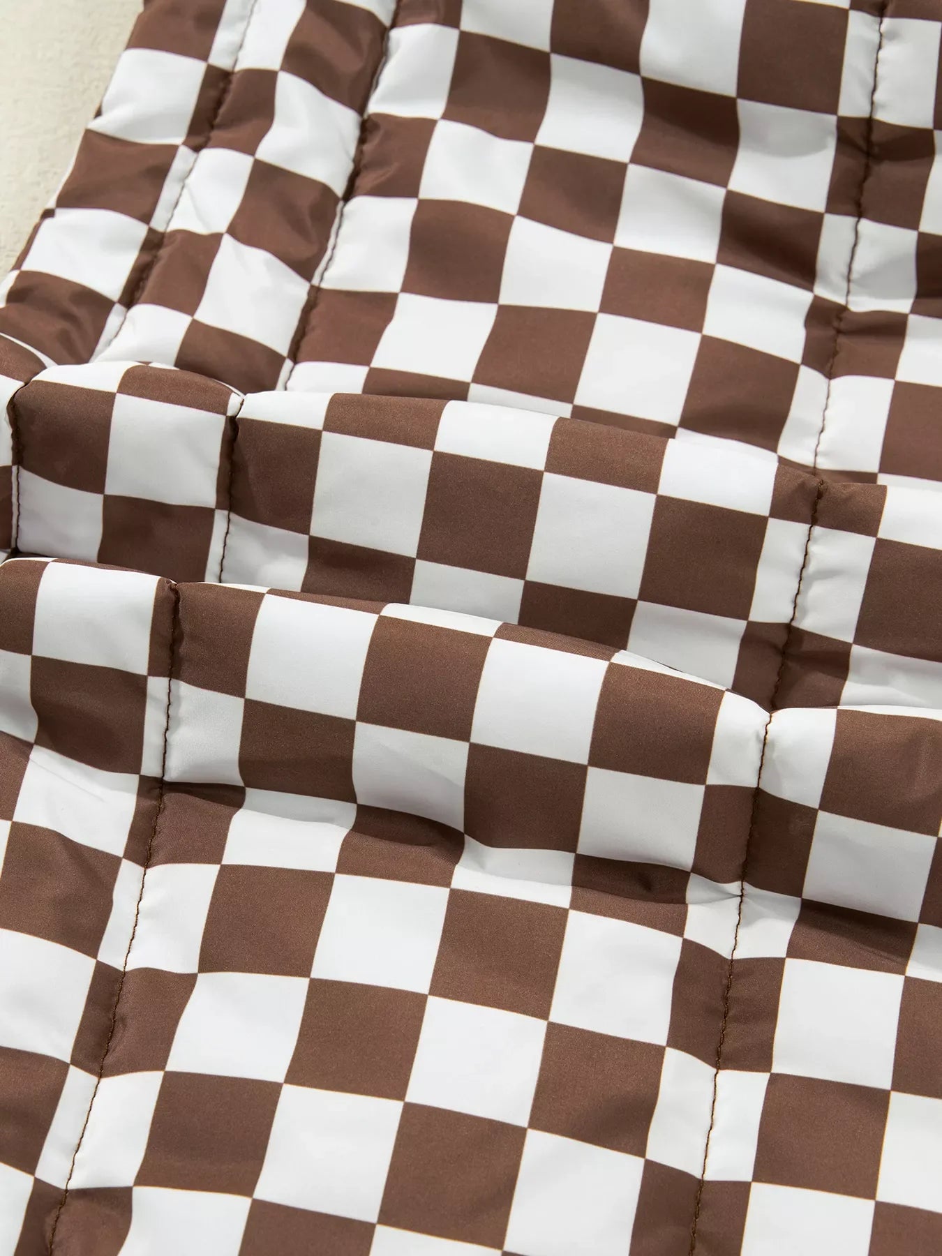 Double Checked Stand Collar Cropped Puffer Vest