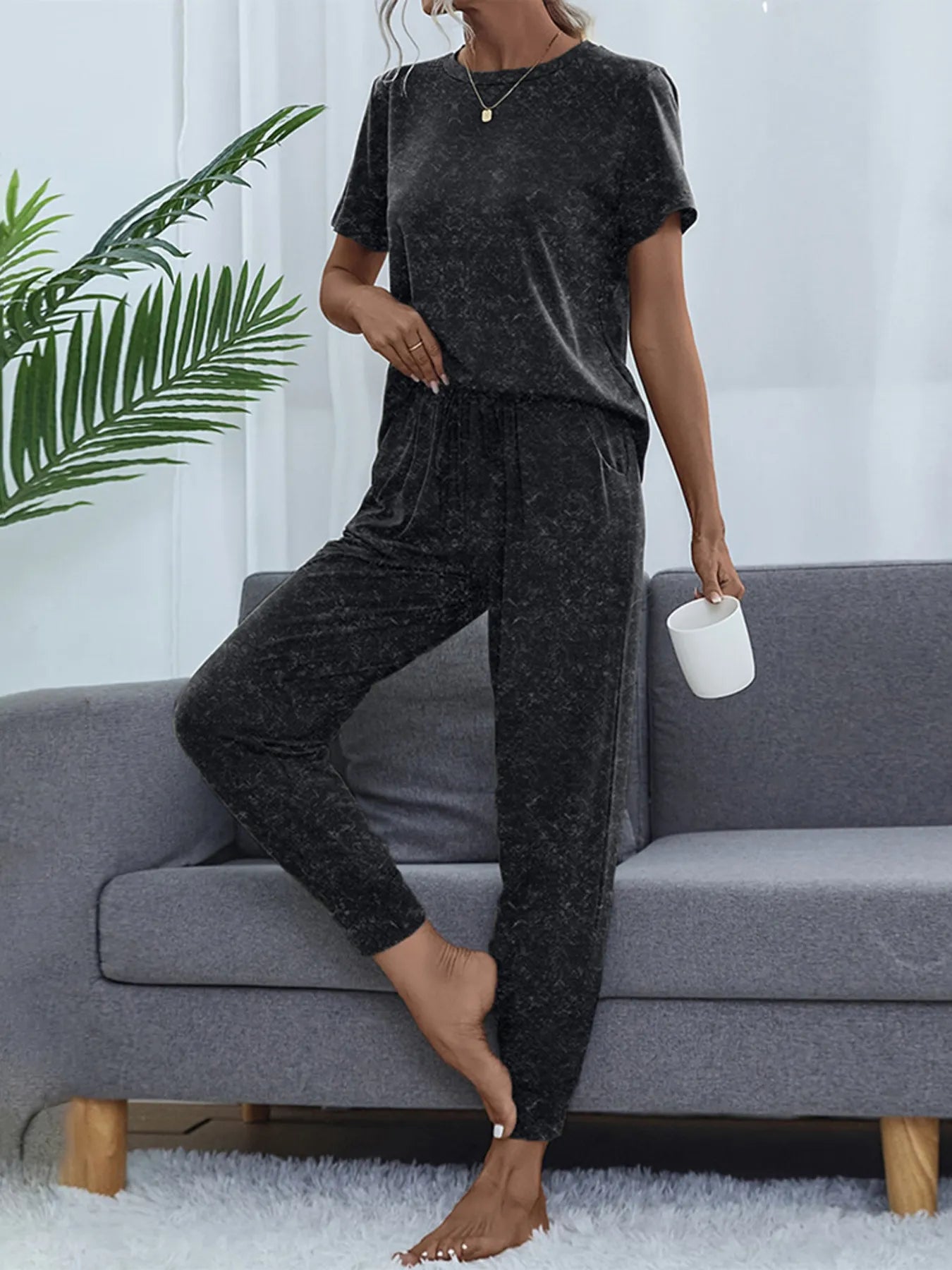 Round Neck Short Sleeve Top and Pants Lounge Set