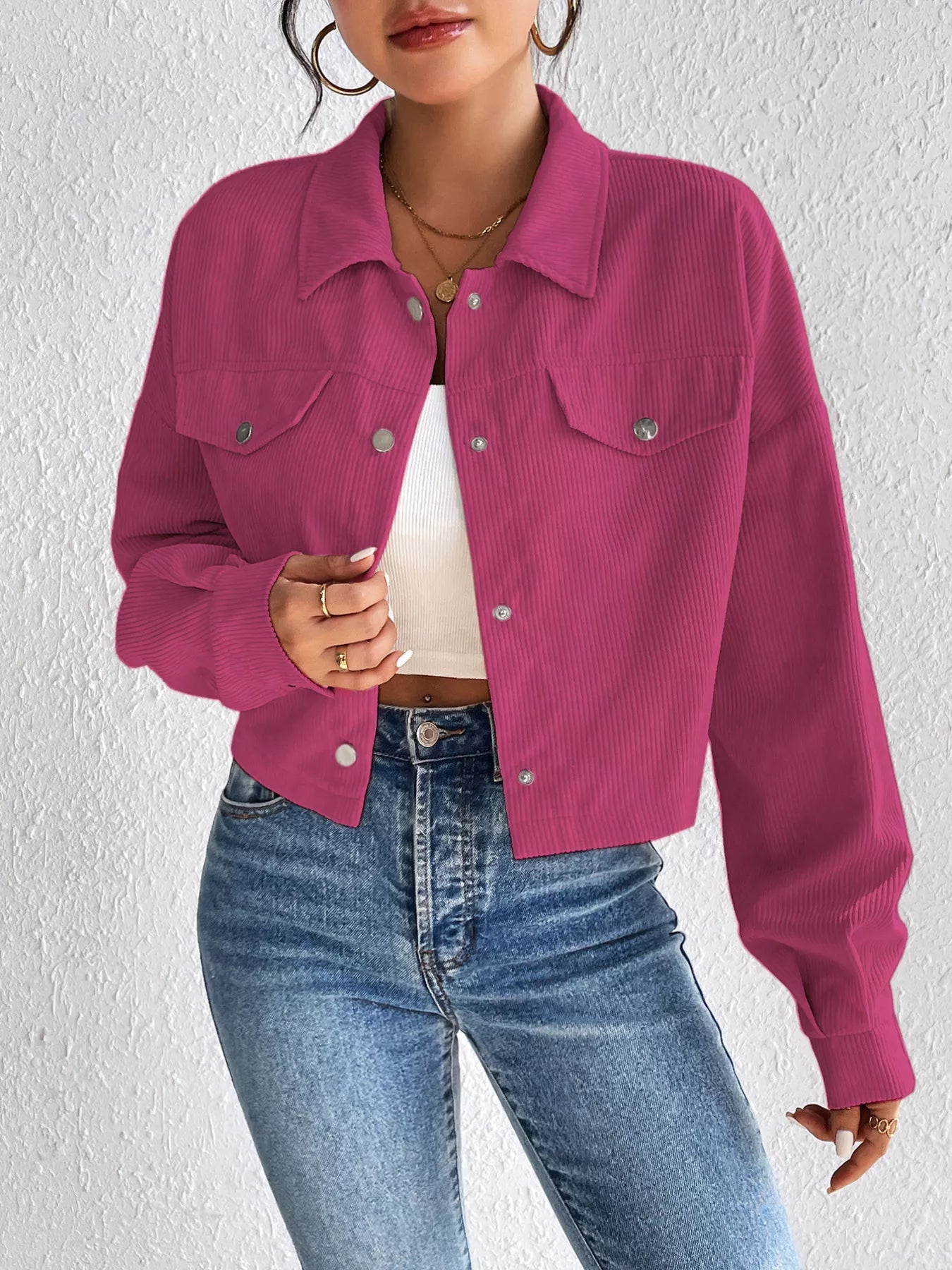 Casual Corduroy Snap Down Cropped Jacket