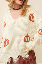 Cable Knit Pumpkin Raw Hem V Neck Loose Sweater
