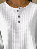 Full Size Casual Waffle Knit Button Detail Pullover Plus Size