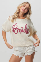 BiBi Metallic Letter Short Puff Sleeve Hairy Sweater