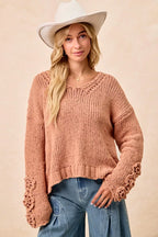 BiBi Chunky Knit Sweater with Flower Detail Sleeves