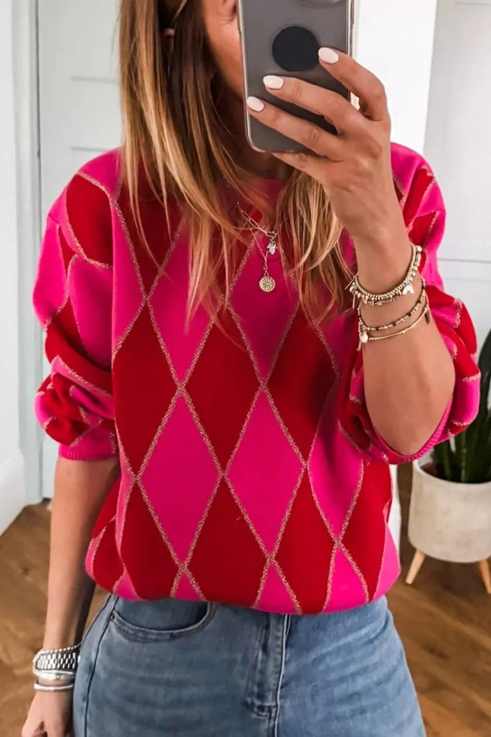 Argyle Pattern Long Sleeve Sweater
