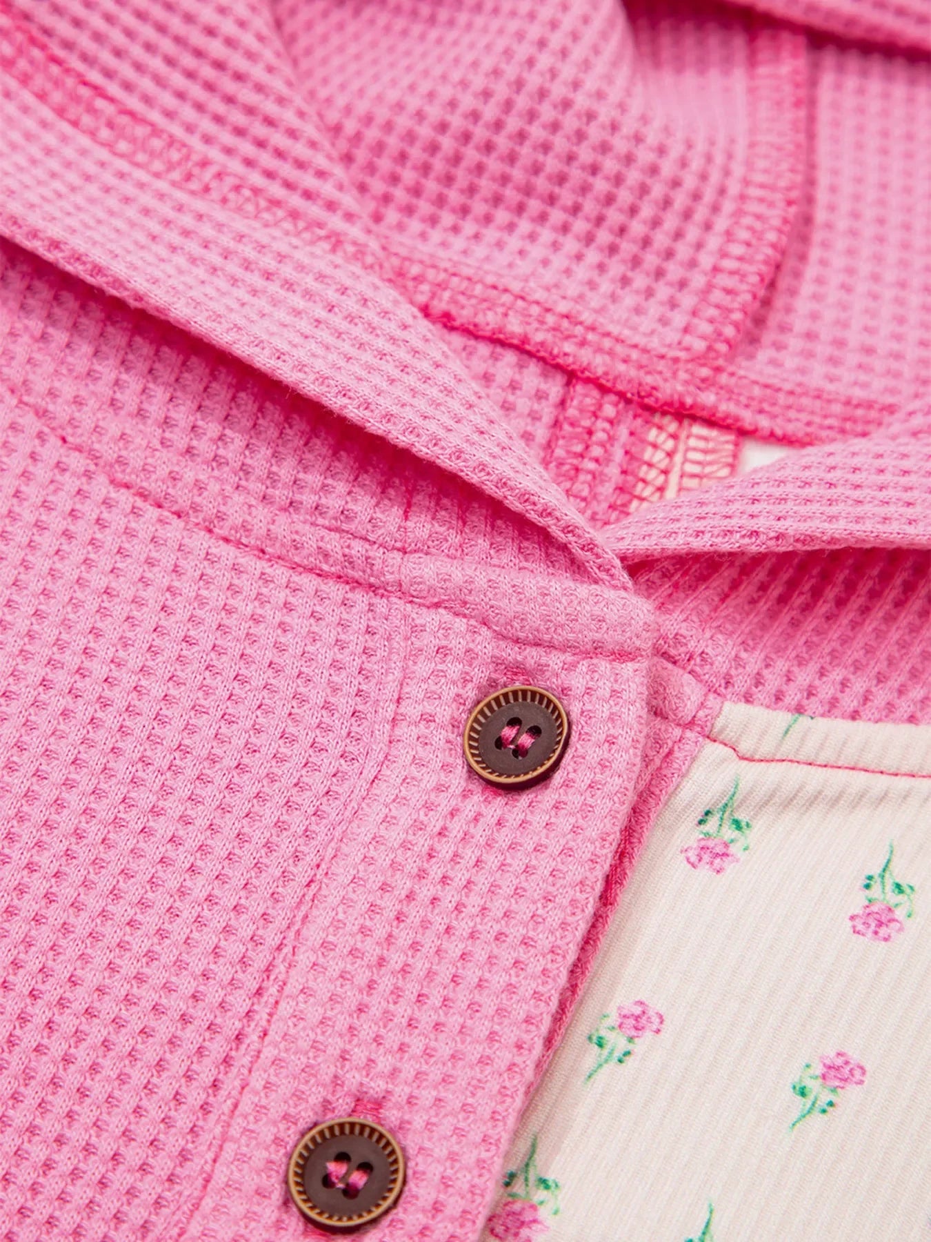 Mixed Texture Waffle Floral Patchwork Hooded Oversize Pullover