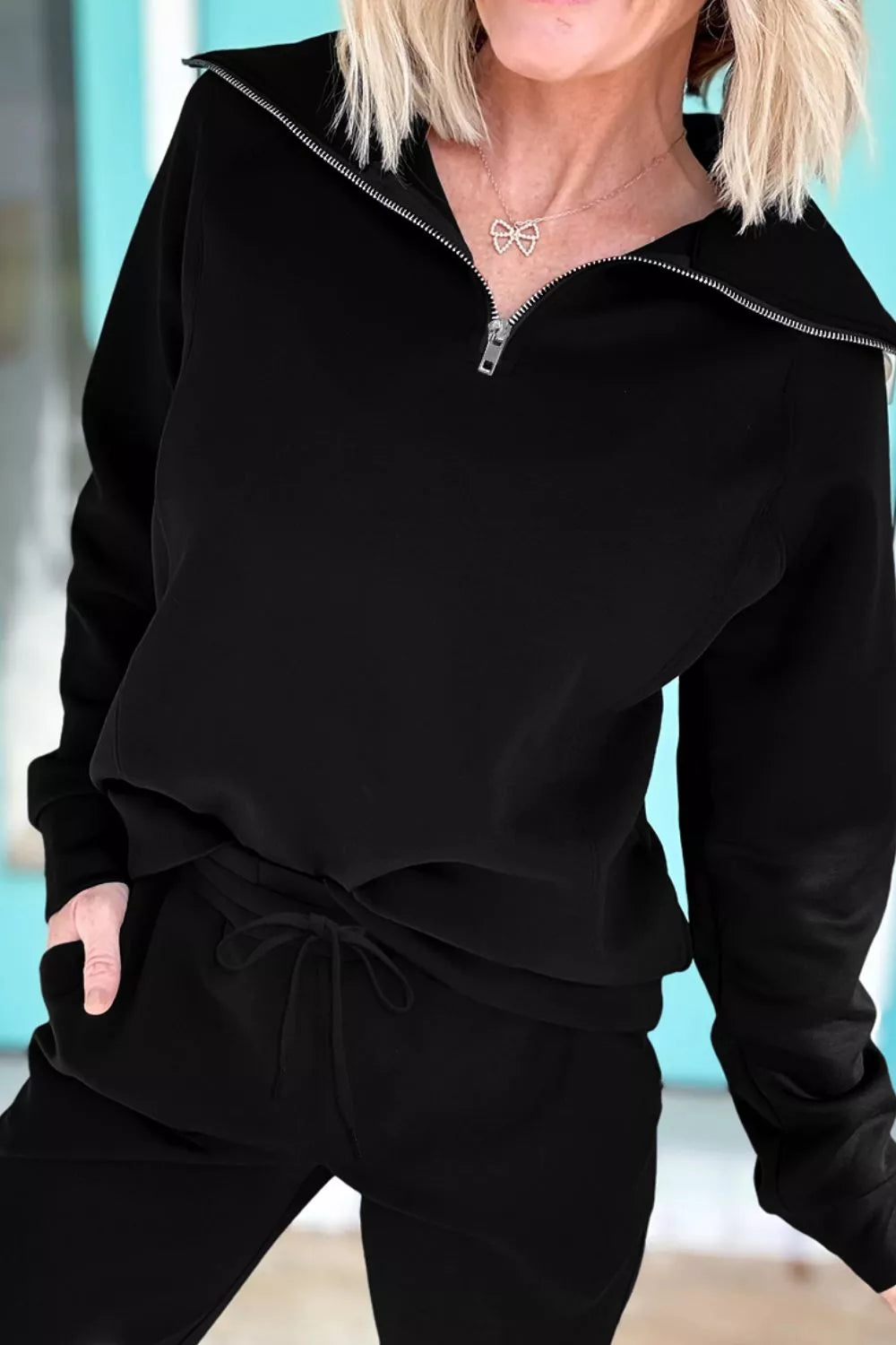 Relaxed Fit Zip Collar Top and Pants Set