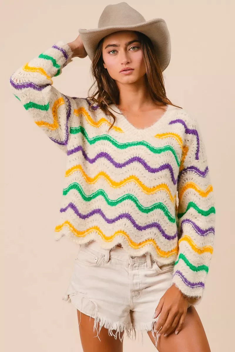 BiBi Mardi Gras Wavy Stripes V-Neck Sweater