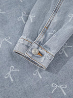 Bow Knot Print Light Wash Raw Hem Denim Jacket