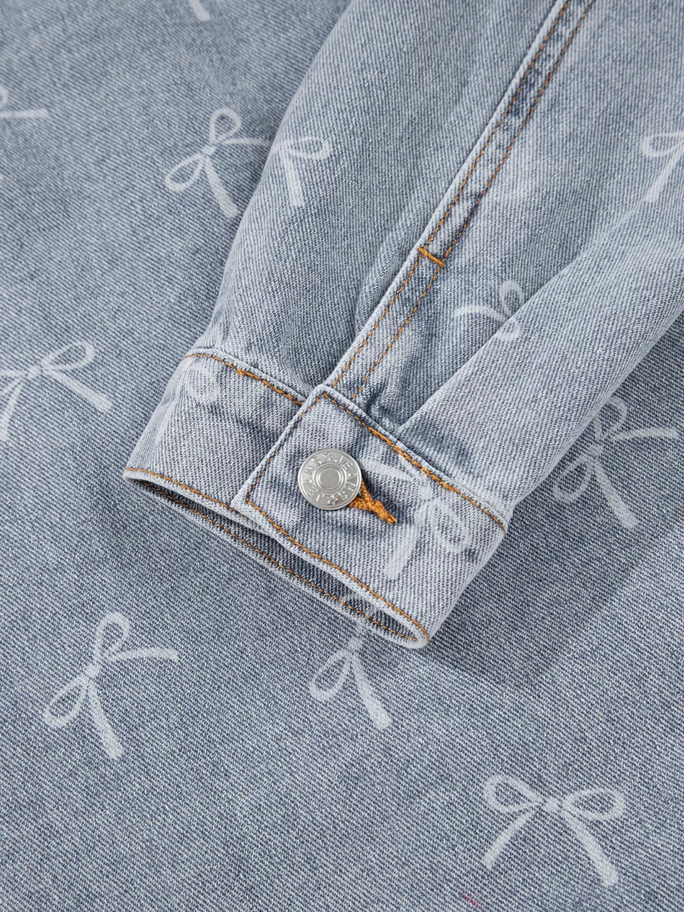 Bow Knot Print Light Wash Raw Hem Denim Jacket