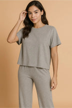 Zenana Soft Melange Short Sleeve Tee & Long Pants Set