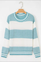 Two Tone Striped Patchwork Drop Shoulder Loose Sweater