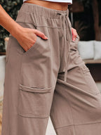 Mineral Wash Exposed Seam Drawstring Elastic Waistband Wide Leg Cargo Pants