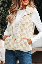 Checker Sherpa Snap Button Vest Jacket With Pocket