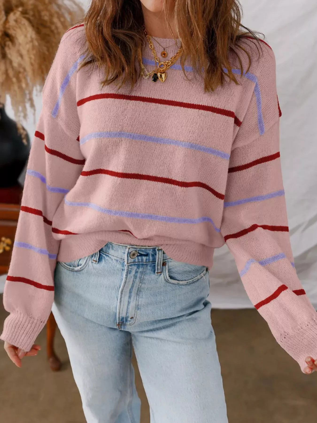 Striped Knit Round Neck Sweater