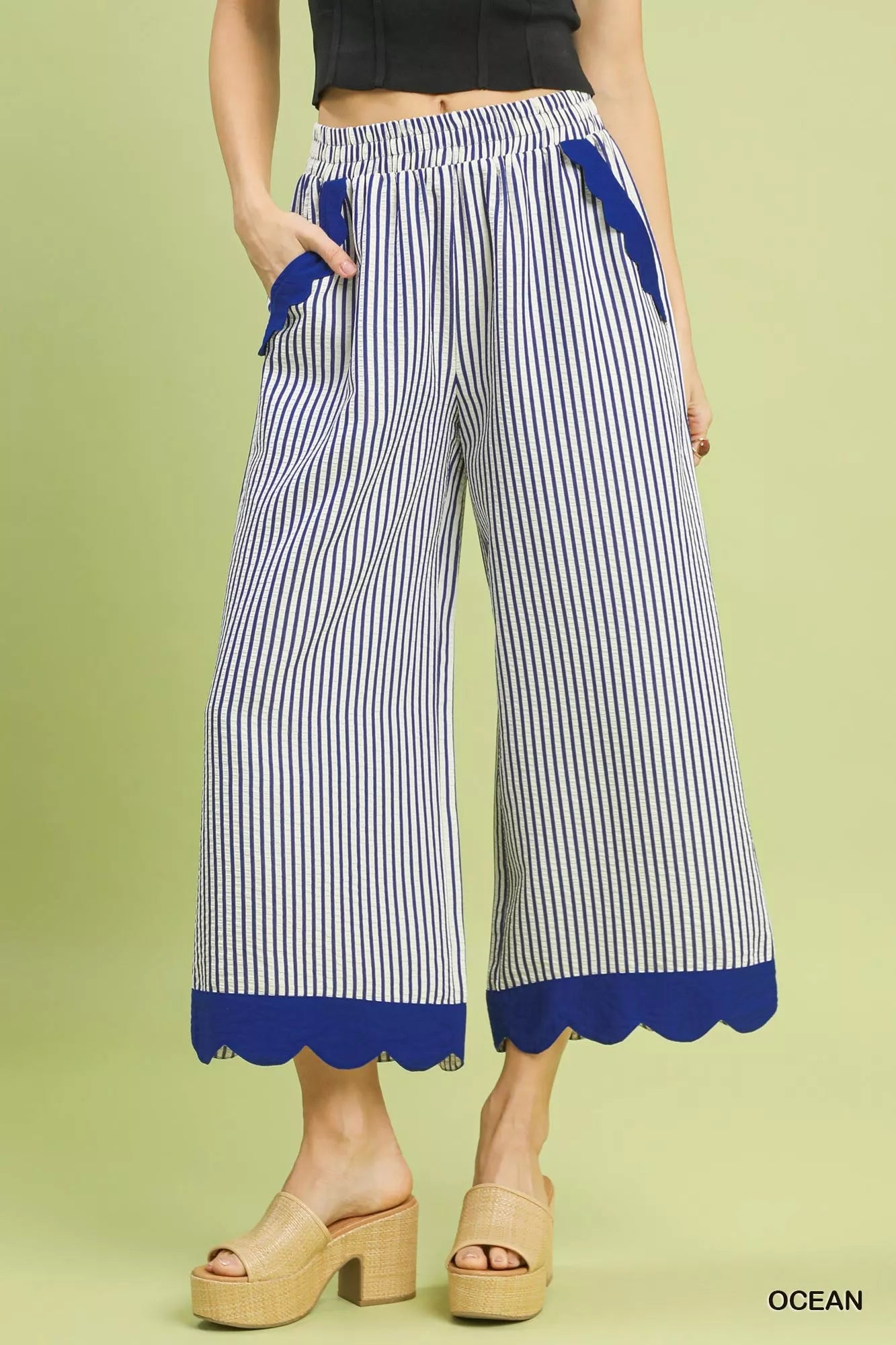 Umgee Stripe Scallop Hem Wide Leg Pants