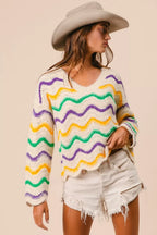 BiBi Mardi Gras Wavy Stripes V-Neck Sweater