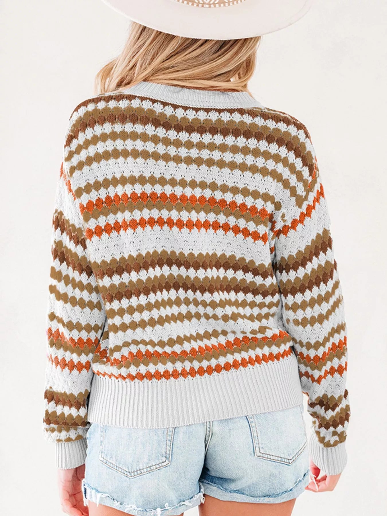Stripe Eyelet Patterned Drop Shoulder Sweater