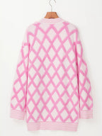 Rhombus Pattern Knit Open Front Pocketed Cardigans