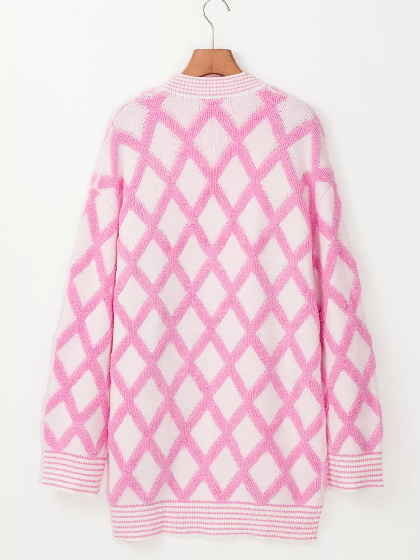 Rhombus Pattern Knit Open Front Pocketed Cardigans