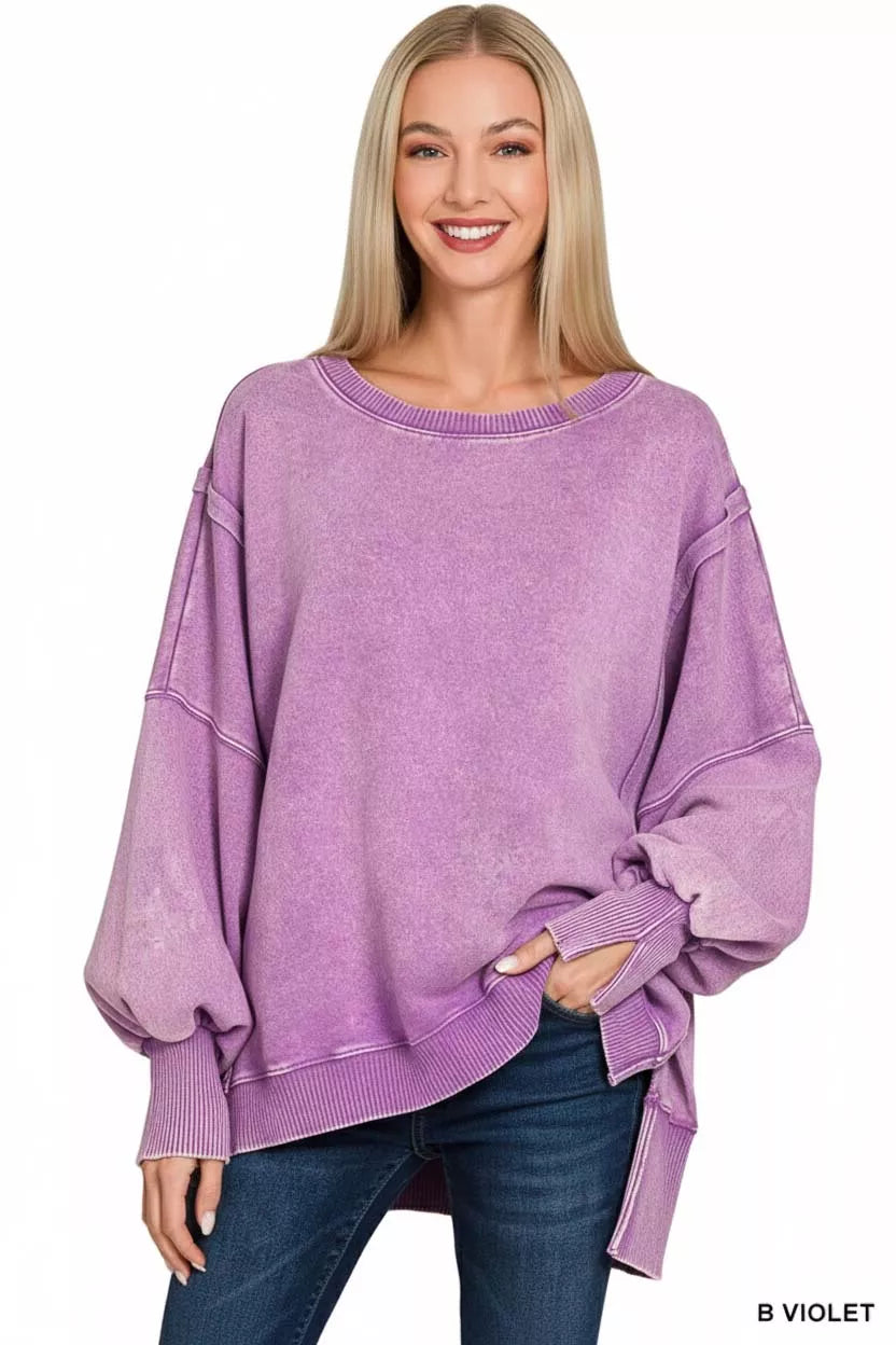 Zenana Acid Washed Batwing Sleeve Fleece Sweatshirt