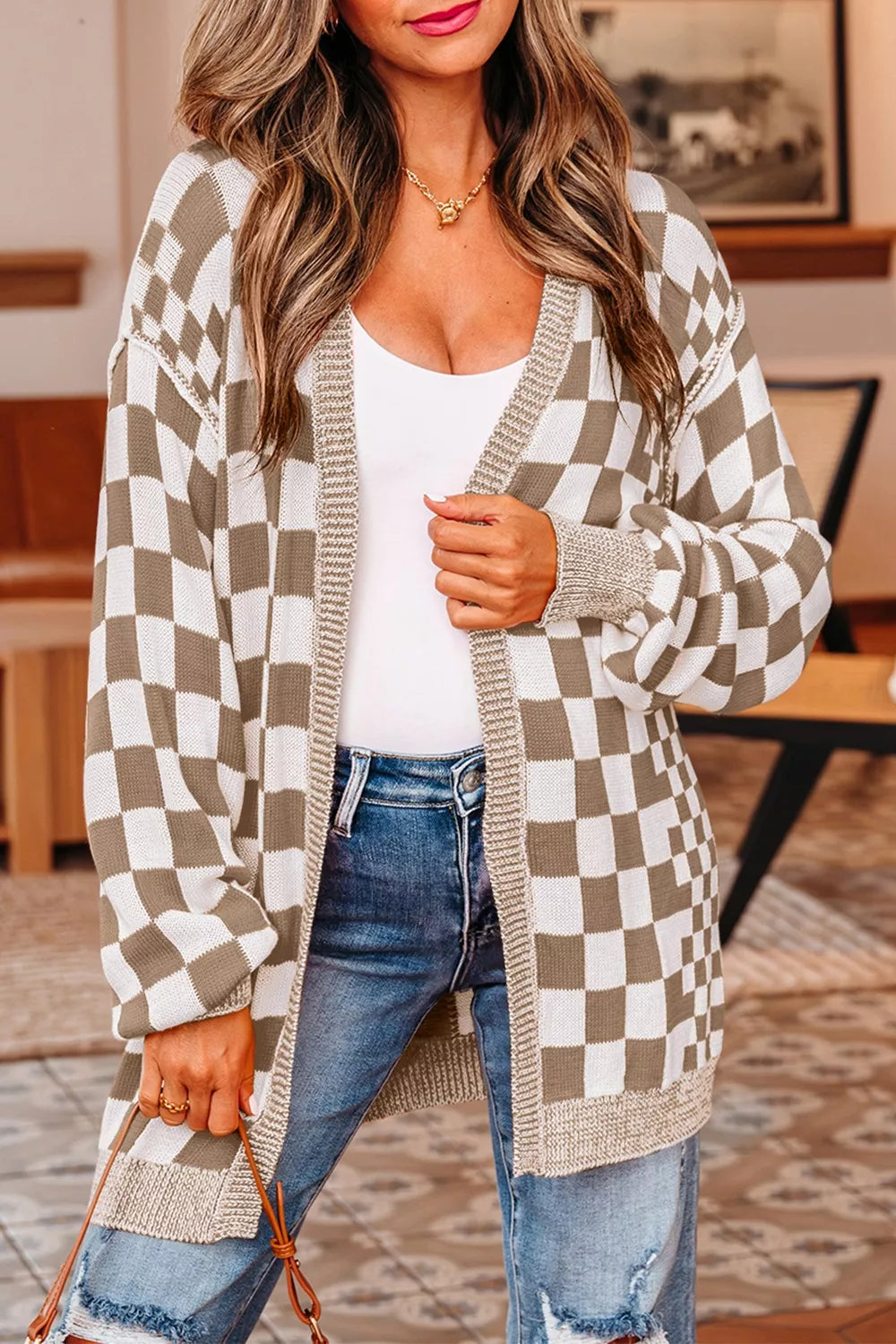 Checkerboard Print Open Front Knit Cardigan