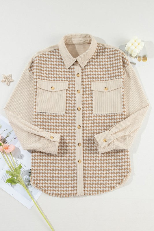 Houndstooth Corduroy Patchwork Flap Pocket Shacket