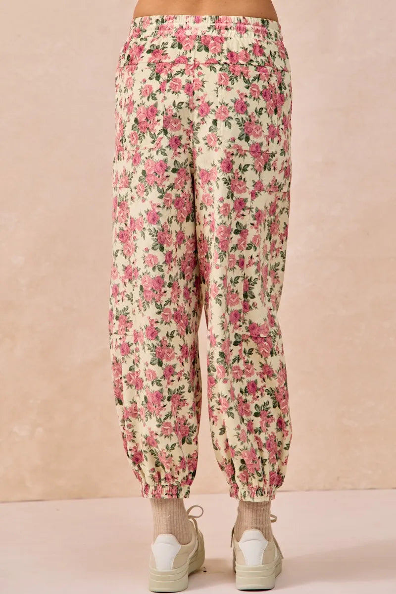 BiBi Floral Printed Twill Drawstring Pants With Elastic Band