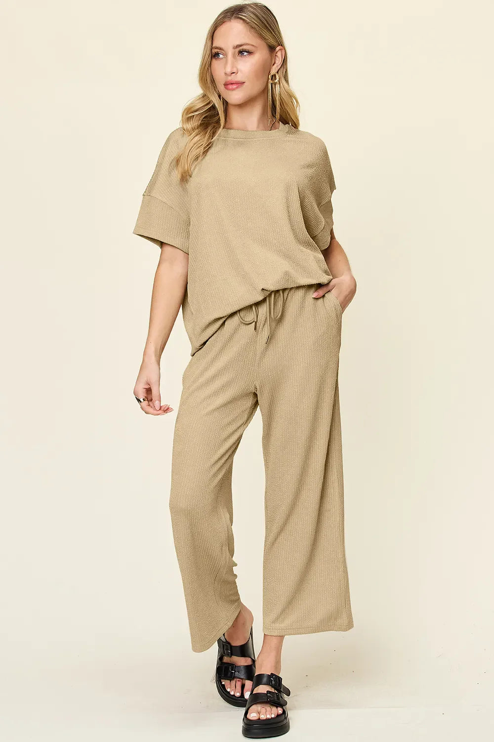 Double Take Full Size Texture Round Neck Short Sleeve T-Shirt and Wide Leg Pants