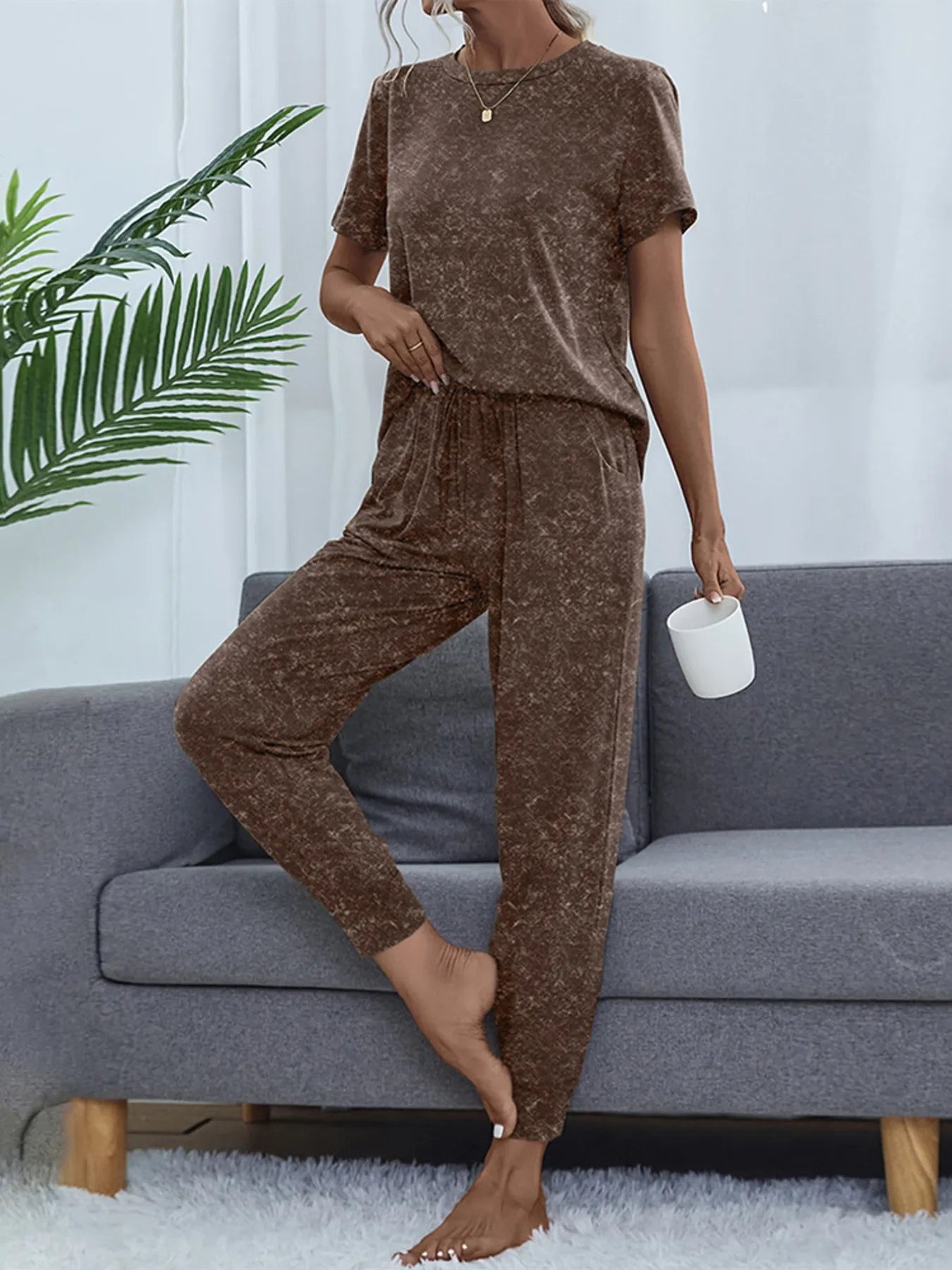 Round Neck Short Sleeve Top and Pants Lounge Set