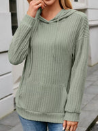 Casual Drawstring Ribbed Knit Hoodie