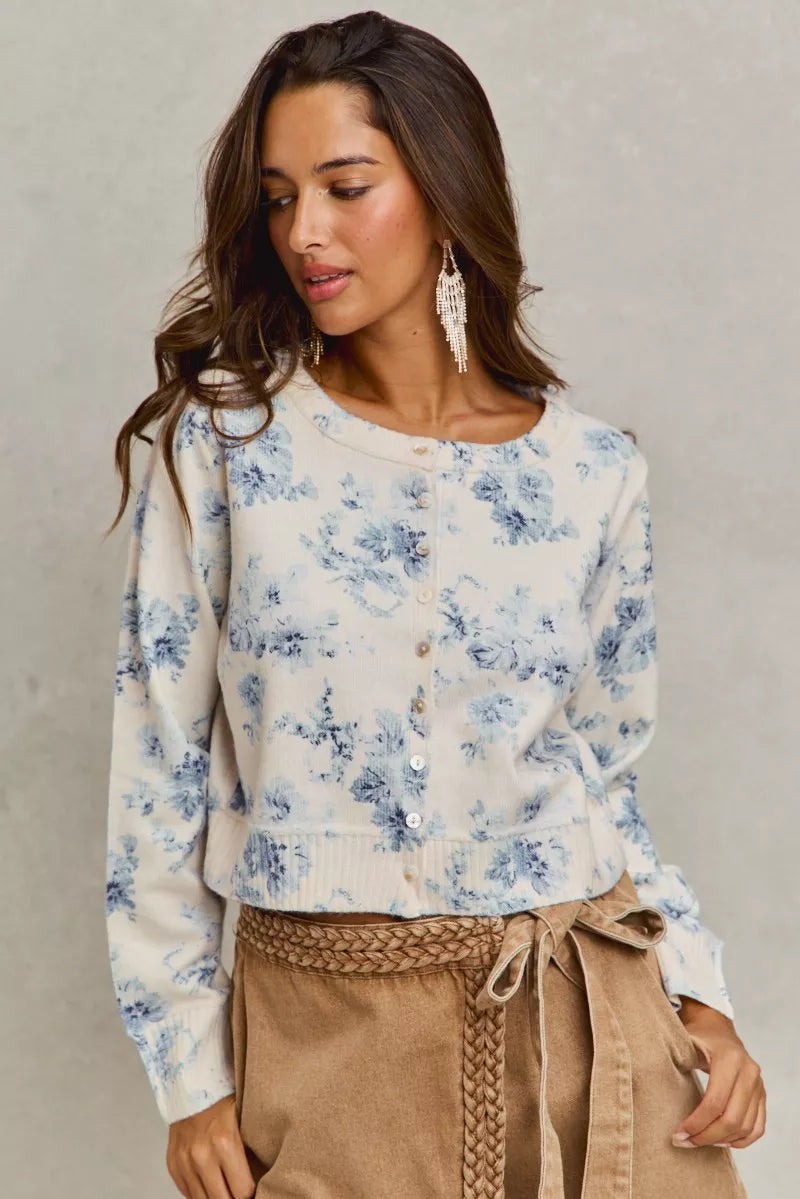 SO ME Vintage Floral Print Button Down Sweater Cardigan