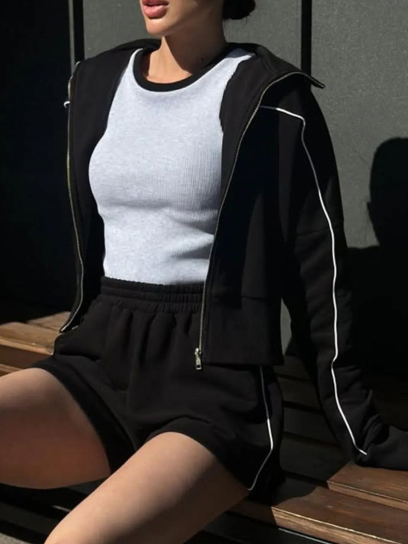 Zip Up Long Sleeve Top and Shorts Set