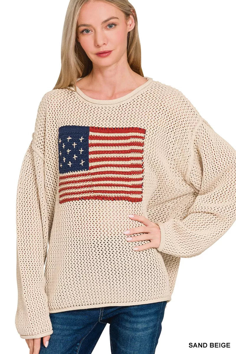 Zenana American Flag Crew Neck Sweater