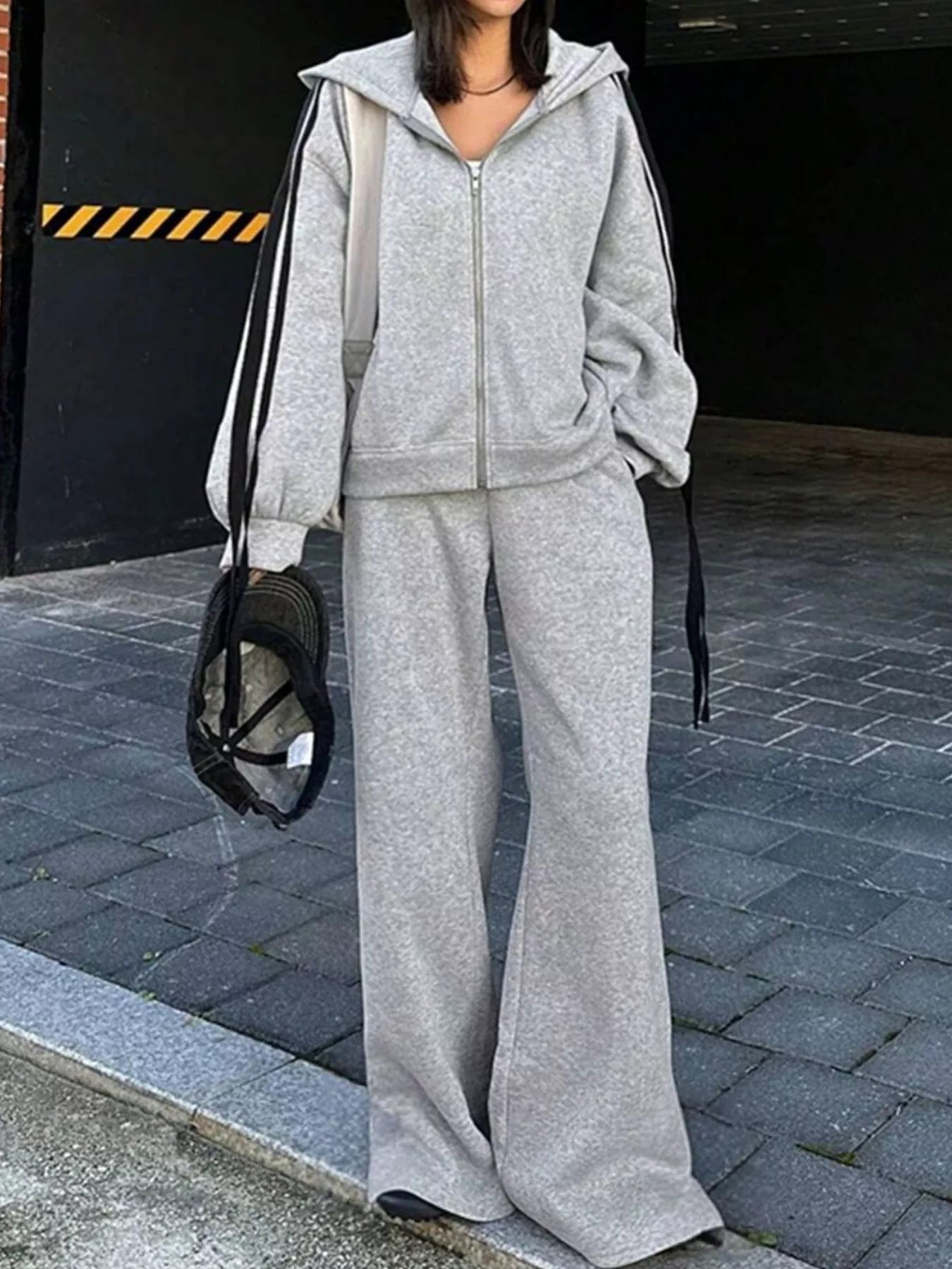 Side Striped Zip Up Hoodie and Pants Set