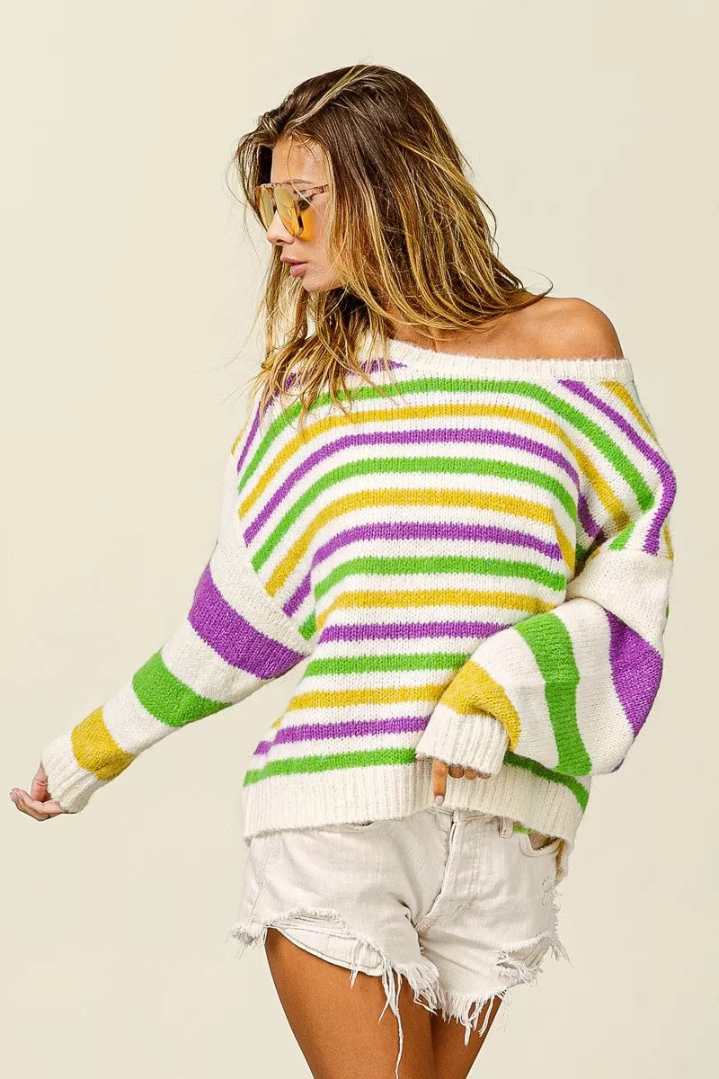 BiBi Mardi Gras Colors Stripe Comfy Sweater