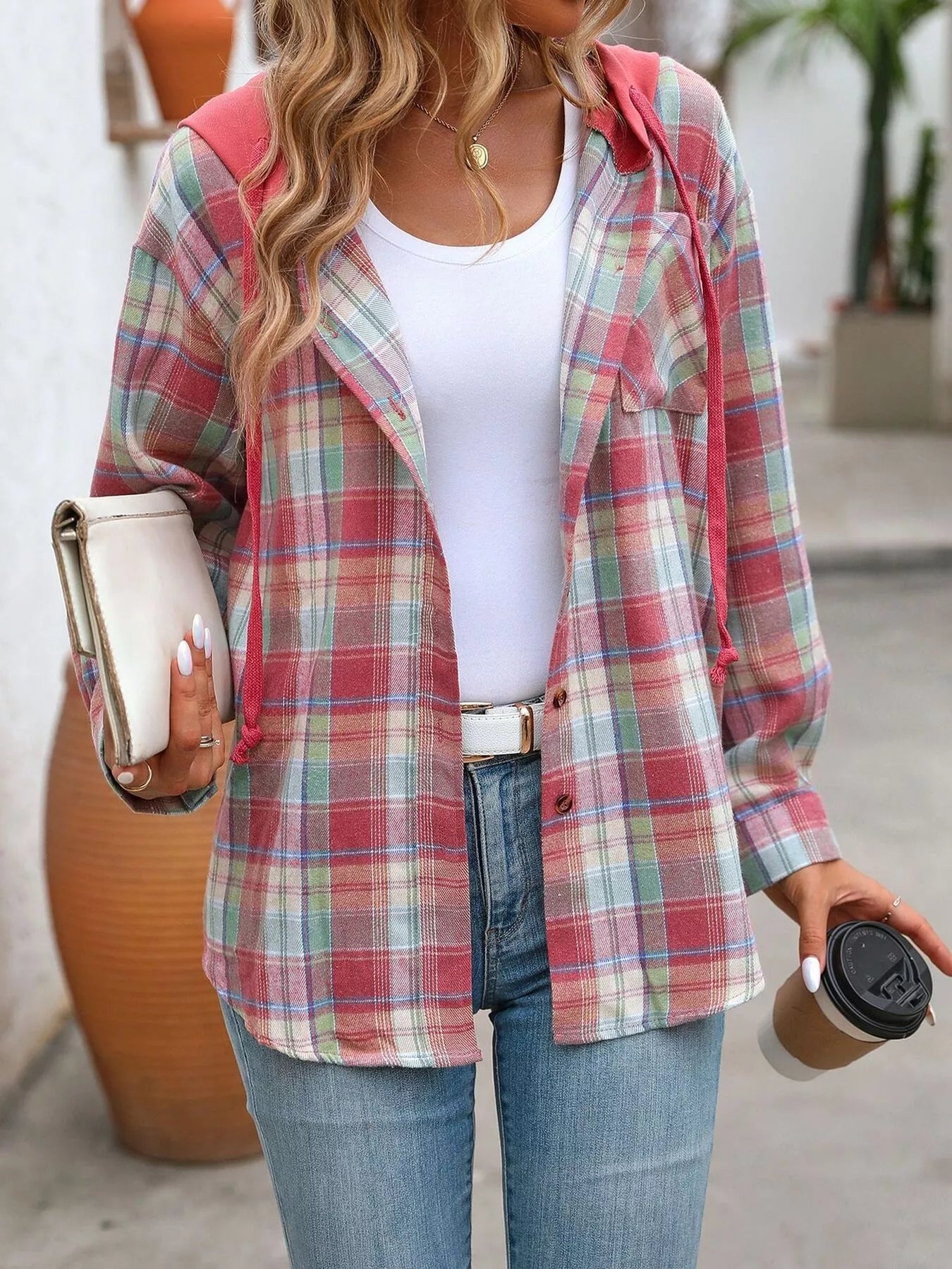Hooded Plaid Button-Up Shirt